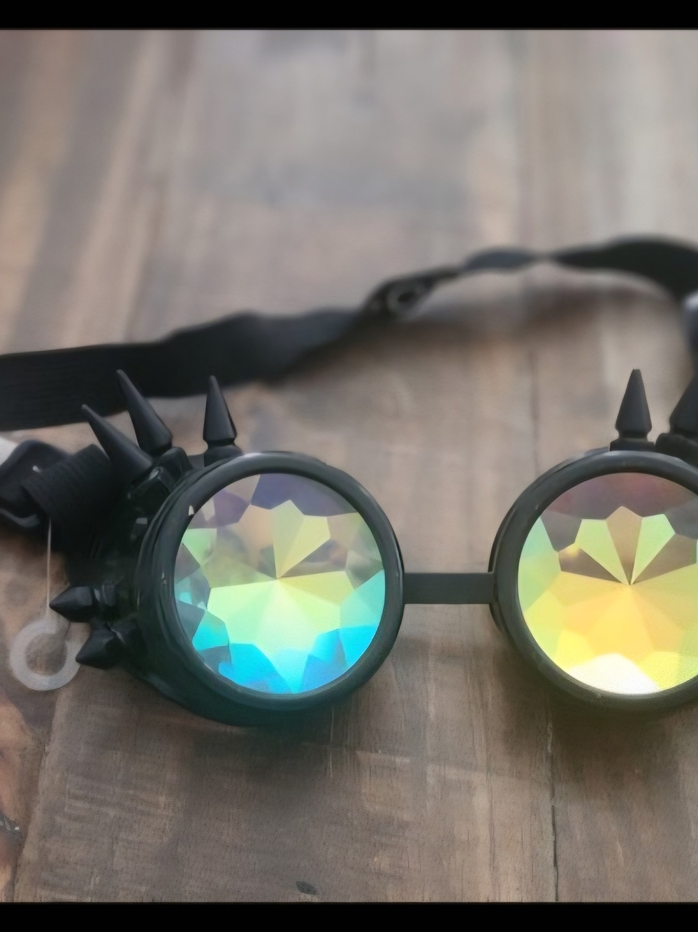 Black Spiked Kaleidoscope Goggles with Iridescent Lenses